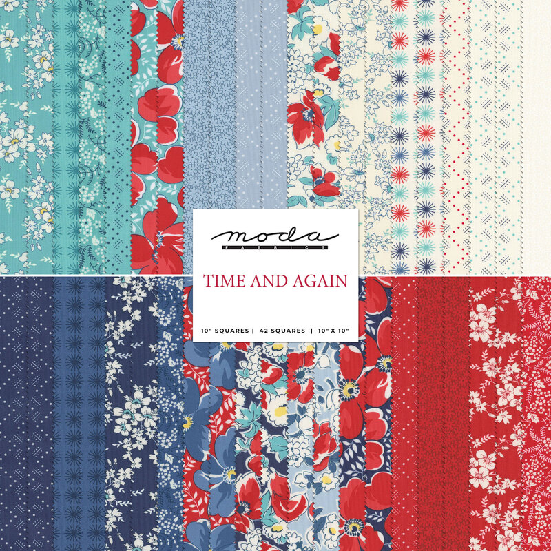 A stacked collage of red, blue, white, and aqua fabrics with a Moda Fabrics Time and Again logo in the center