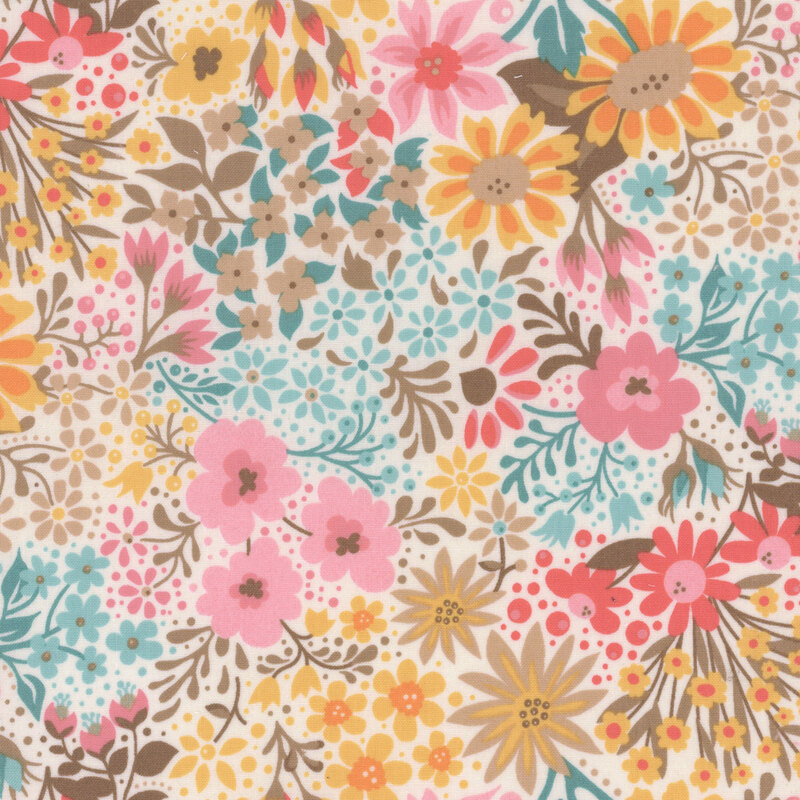 Cream fabric featuring various multicolored florals