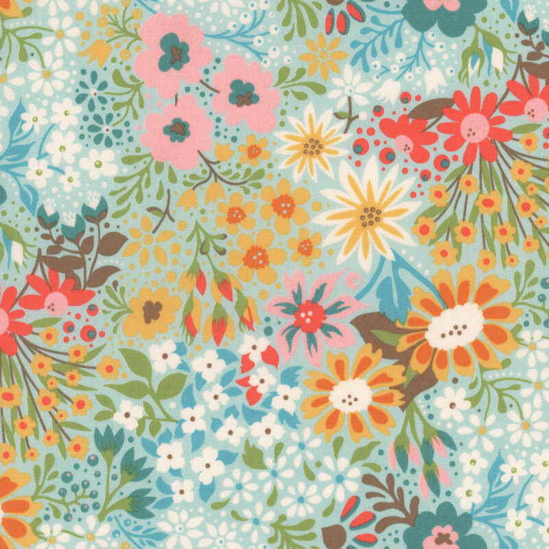 Aqua fabric featuring various multicolored florals