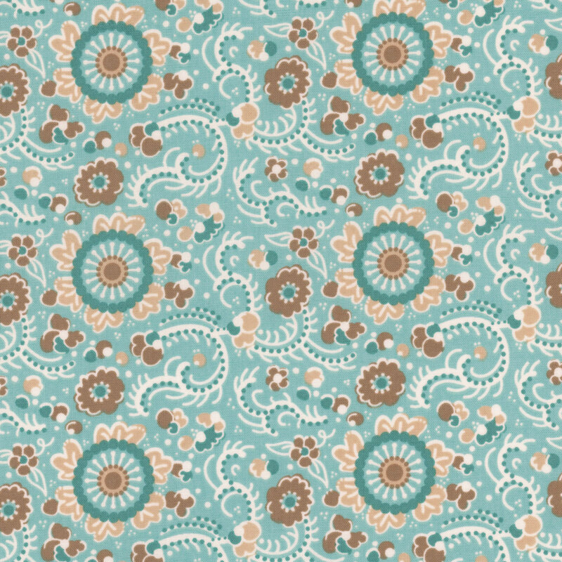 Aqua fabric featuring swirly vines with beige and teal florals
