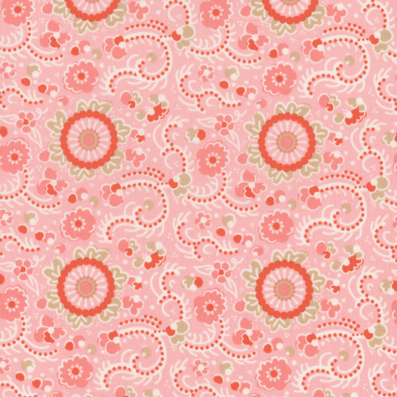 Light pink fabric featuring swirly vines with tan and dark pink florals