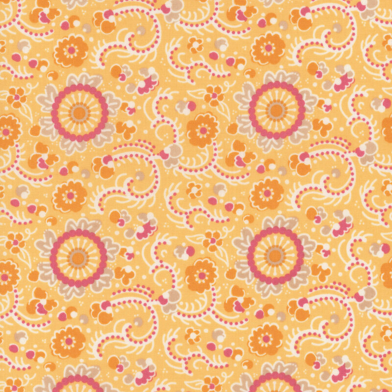 Golden yellow fabric featuring swirly vines with beige, pink and dark yellow florals