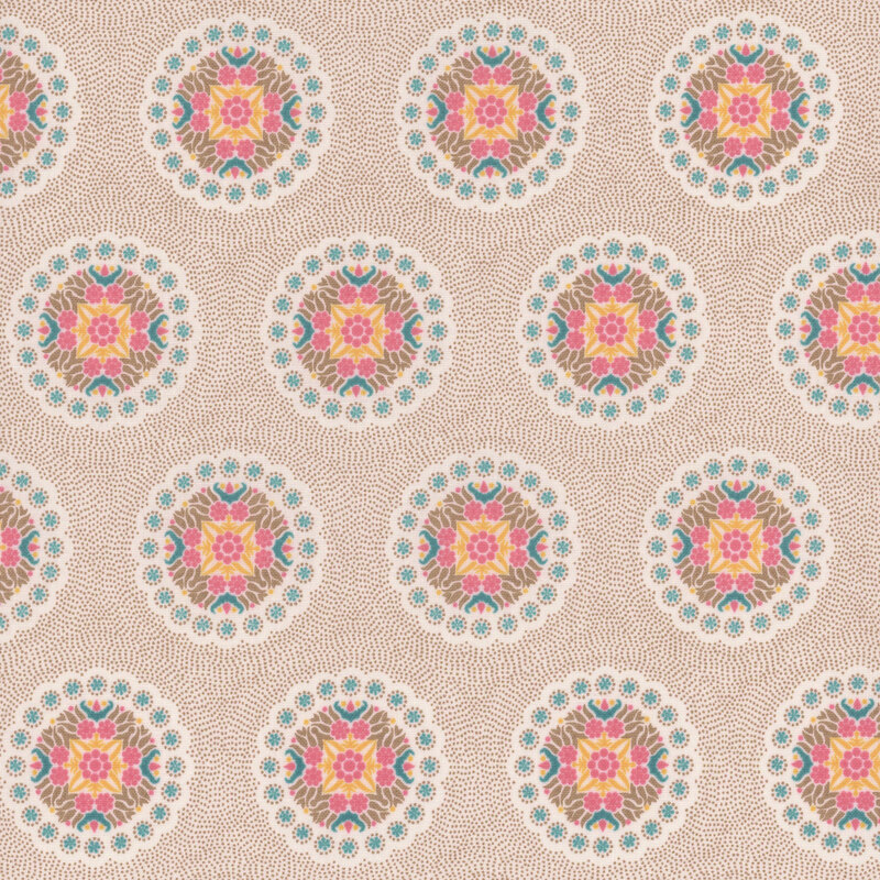 Cream fabric with many small beige dots featuring a geometric design of florals