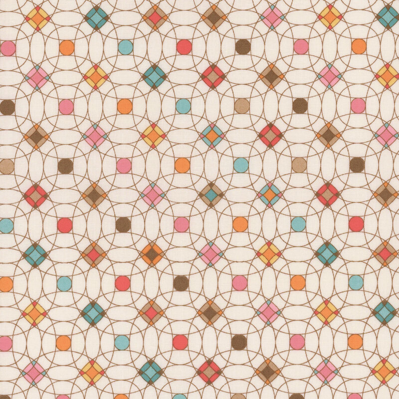 Cream fabric with a geometric design of circles and diamonds filled with various colors 