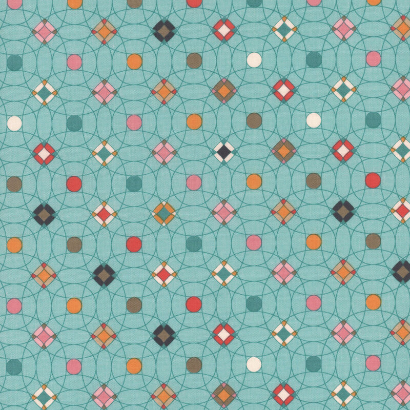 Aqua fabric with a geometric design of circles and diamonds filled with various colors 