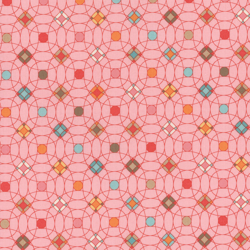 Light pink fabric with a geometric design of circles and diamonds filled with various colors 