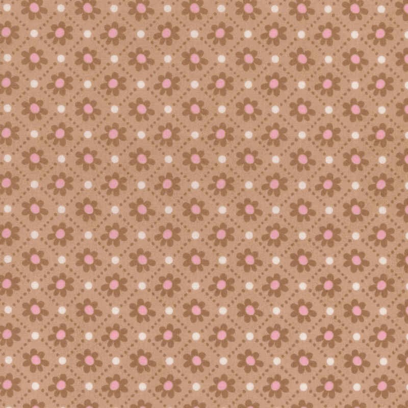 Beige fabric featuring a dotted checkerboard design with pink and brown florals