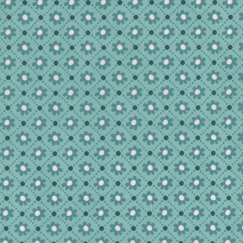 Aqua fabric featuring a dotted checkerboard design with teal and white florals