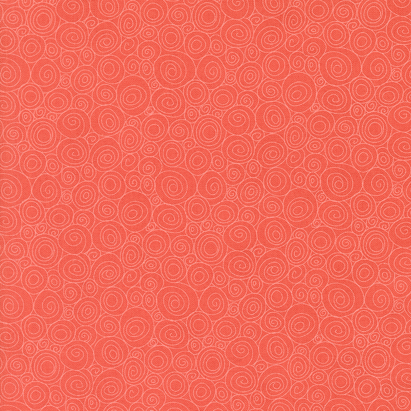 Coral red fabric featuring a packed design of thin light pink swirls