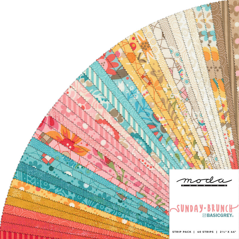 Collage of fabrics in the Sunday Brunch Honey Bun featuring florals and geometric designs in shades of teal, pink, yellow, and red