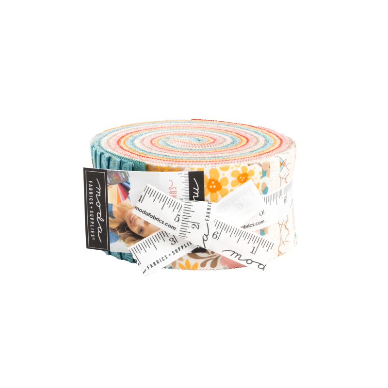 A Sunday Brunch Jelly Roll Bundle in shades of teal, pink, yellow, and red on a white background