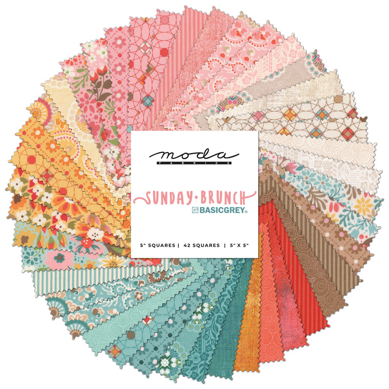 Collage of fabrics in the Sunday Brunch Charm Pack featuring florals and geometric designs in shades of teal, pink, yellow, and red