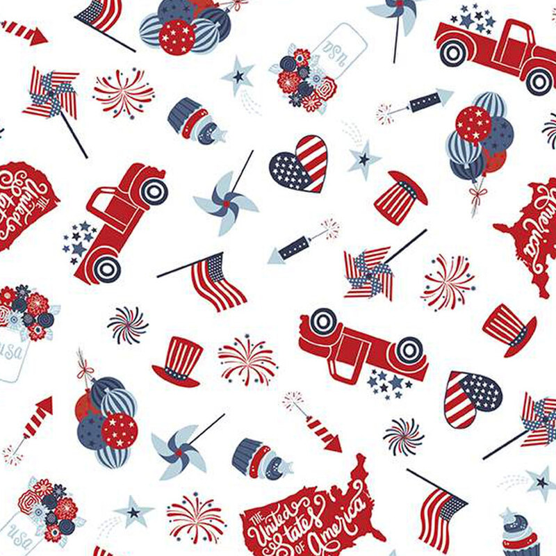 white fabric with tossed trucks, american flags, hearts with american flag designs, pinwheels, and other patriotic motifs