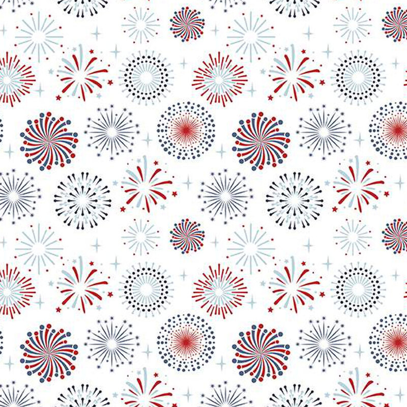 white fabric with red and blue exploding fireworks