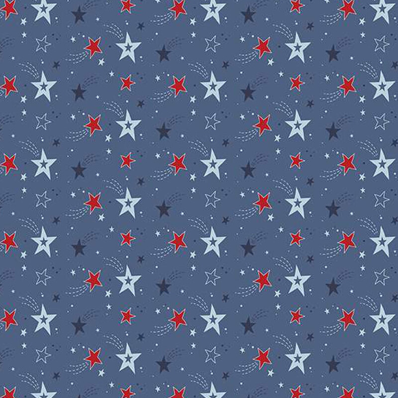 blue fabric with rows of red, blue, and navy shooting stars