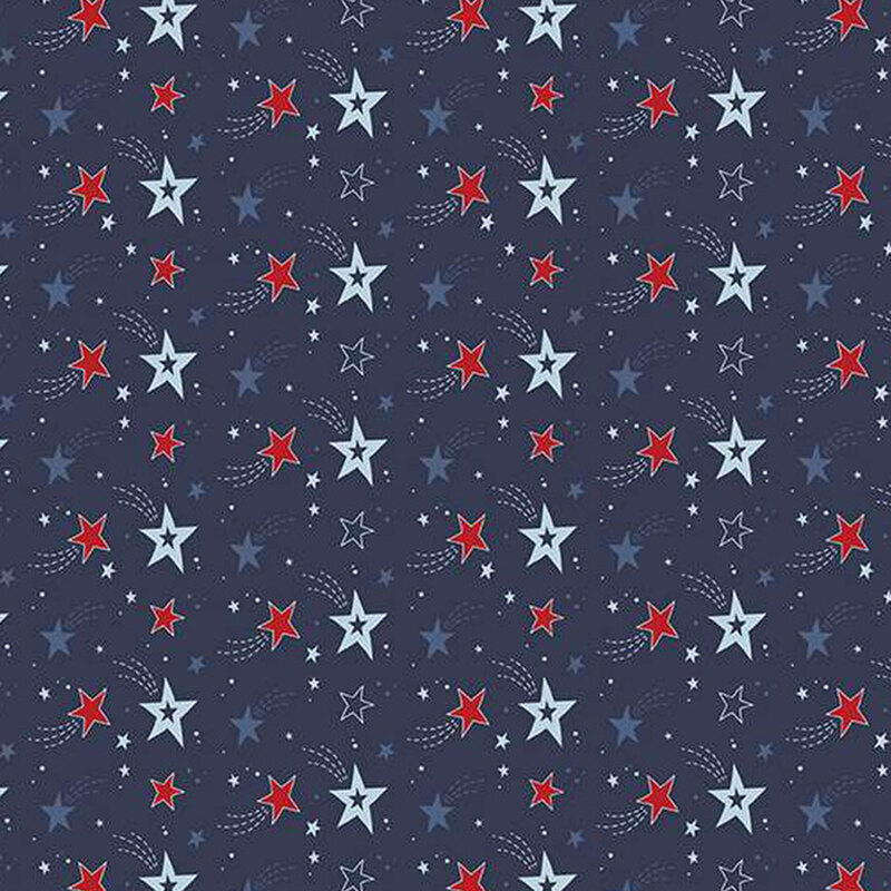 navy fabric with rows of red, light blue, and navy shooting stars