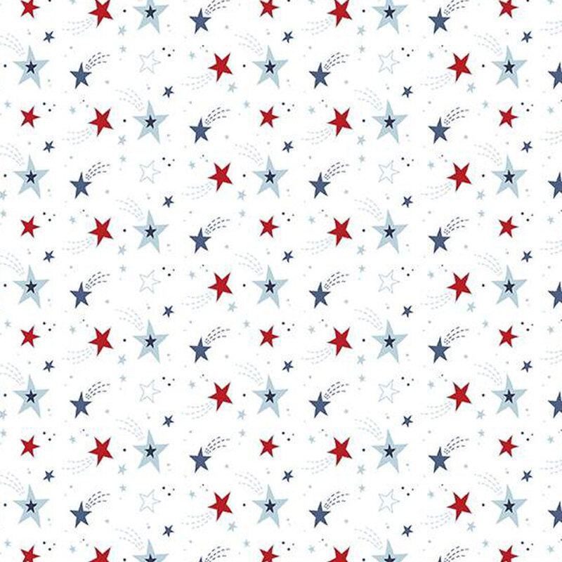 white fabric with rows of red, blue, and navy shooting stars