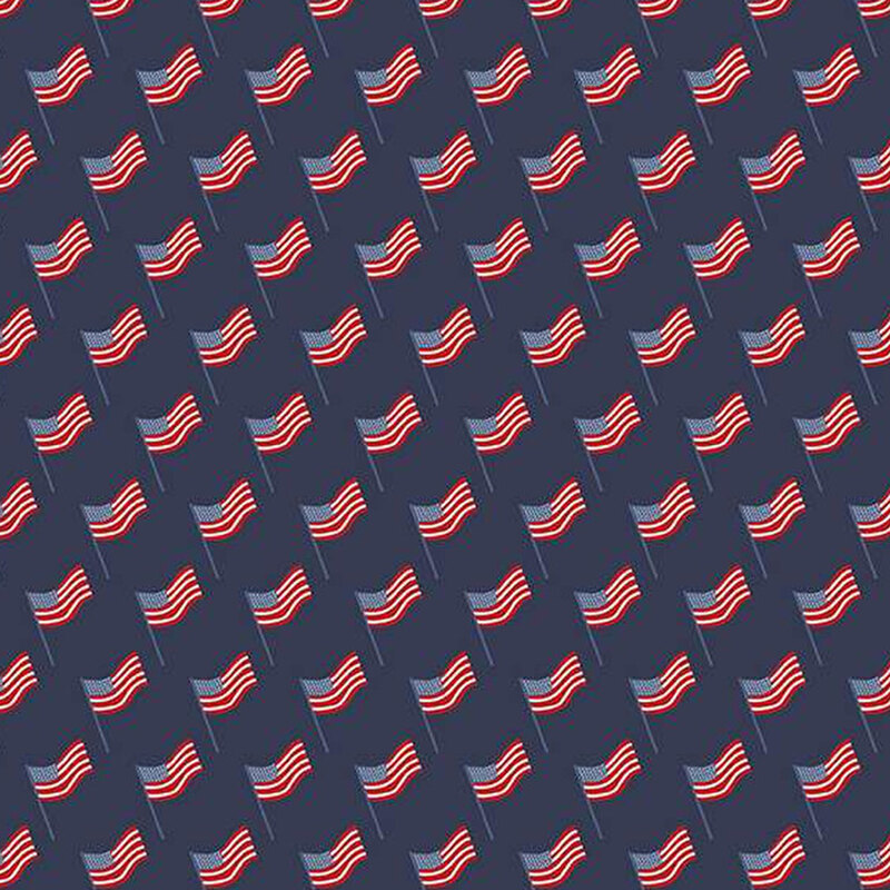 navy fabric with rows of fluttering american flags