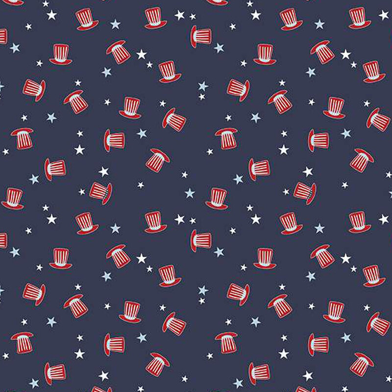 navy fabric with tossed patriotic hats with scattered white stars
