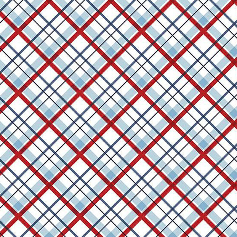 large plaid-patterned fabric in shades of red, white, and blue