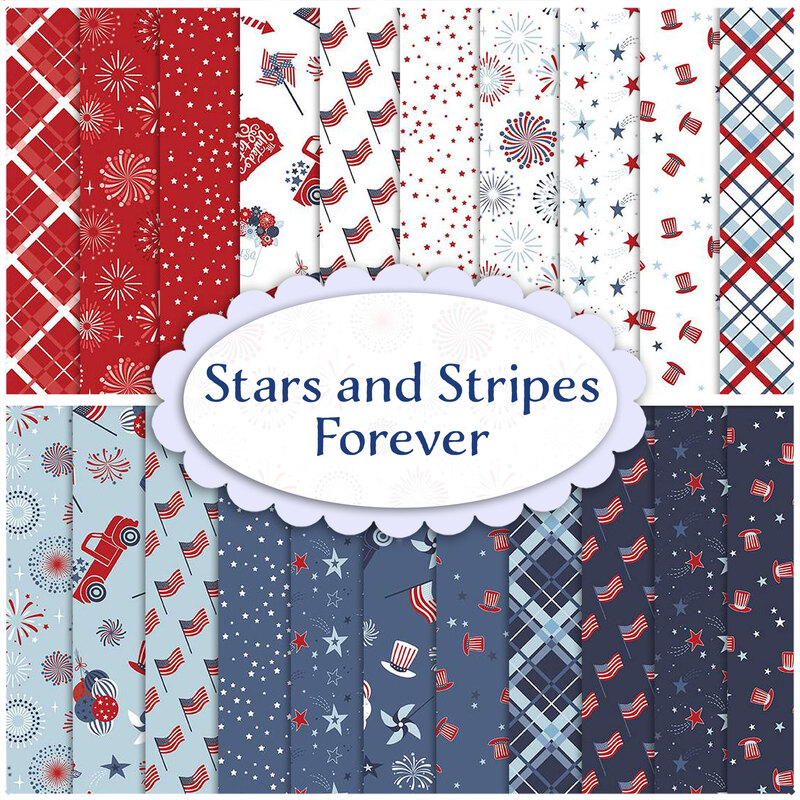 collage of the fabrics in the Stars and Stripes Forever 21 FQ Set in shades of red, white, blue, and navy