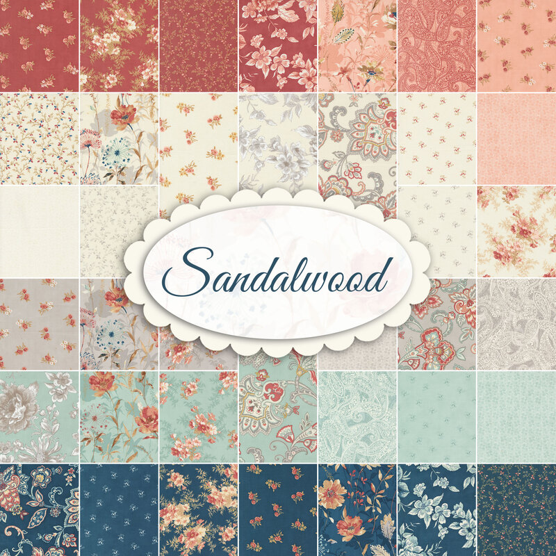collage of the fabrics in Sandalwood in shades of blue, aqua, cream, gray, red, and pink