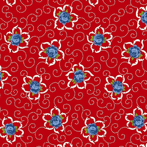 Red fabric with a patriotic white and blue floral pattern 