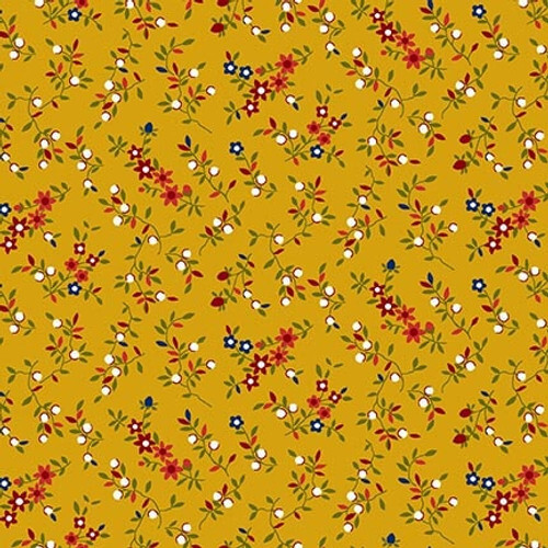 Yellow fabric with a blue and red floral pattern 