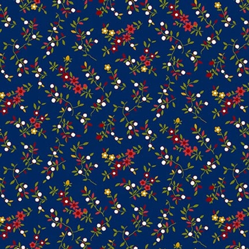 Blue fabric with a red, white, and gold floral pattern 