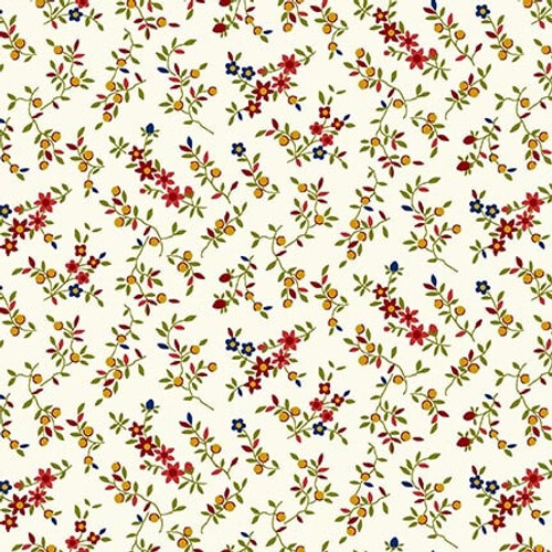 White fabric with a red and blue flower pattern 