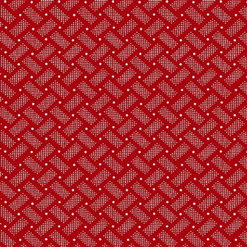 Red fabric with a white domino and dot pattern 