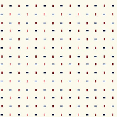 Cream fabric with a geometric red and blue rectangle pattern