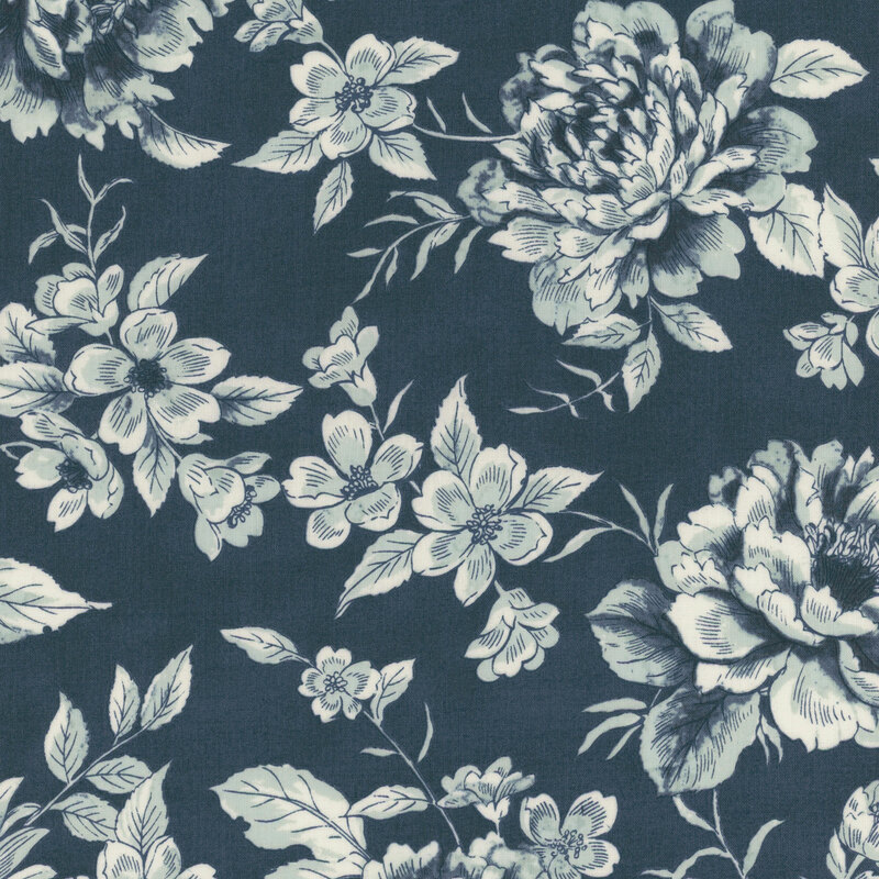 blue fabric with aqua vintage flowers
