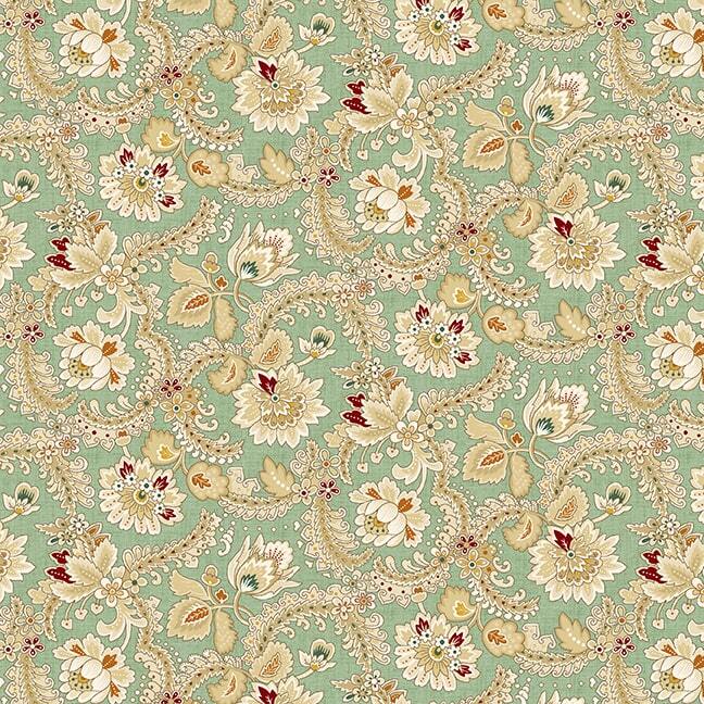 Green fabric with a floral vine pattern
