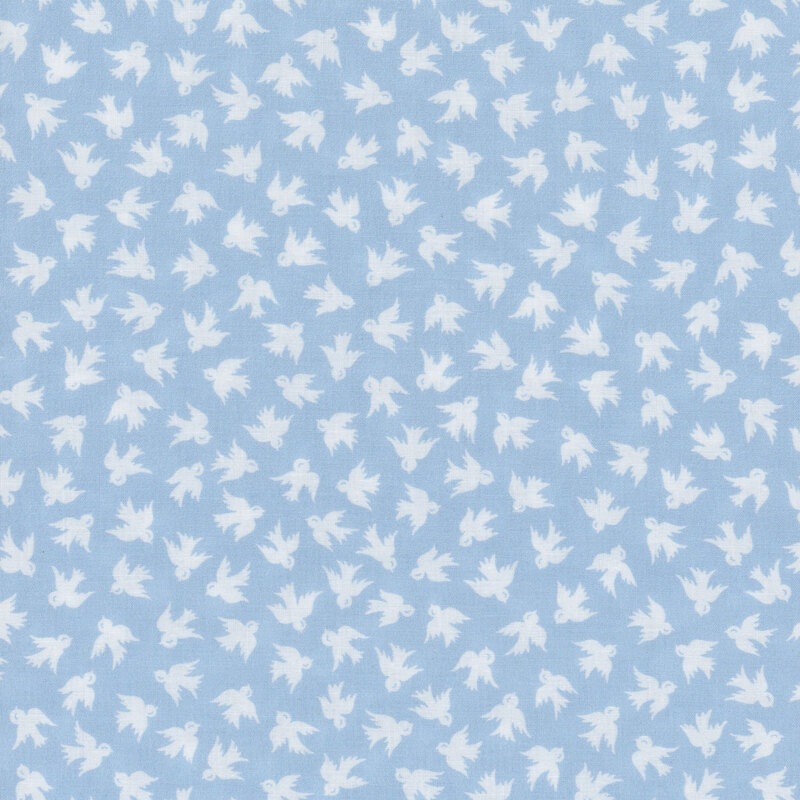 Light blue fabric with ditsy white birds all over