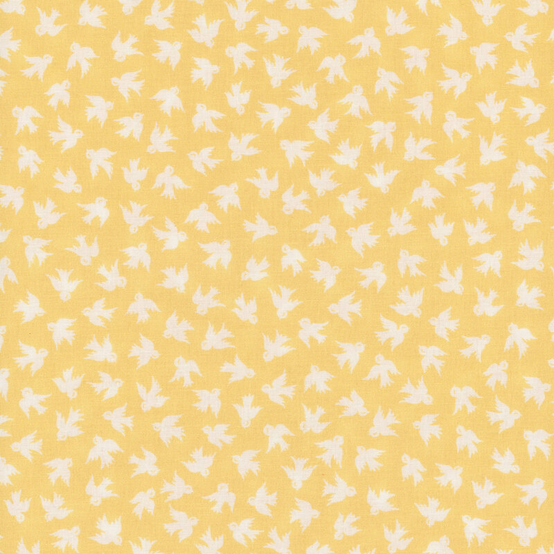Bright yellow fabric with ditsy white birds all over