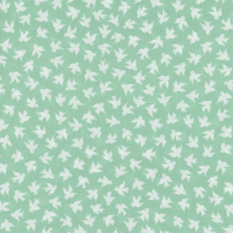 Aqua green fabric with ditsy white birds all over