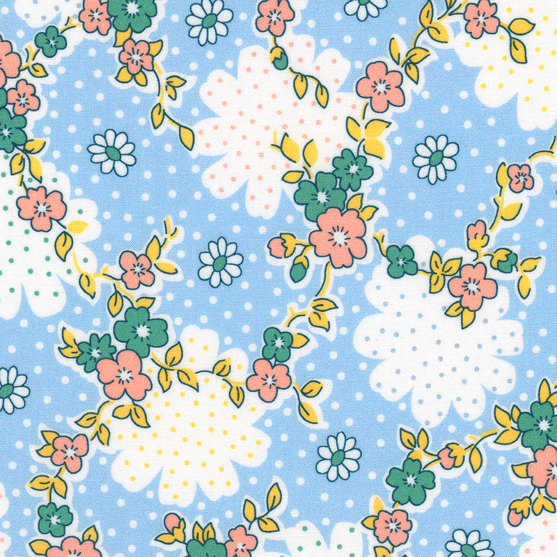 Light blue fabric with large white floral outlines and vines with pink and green florals throughout
