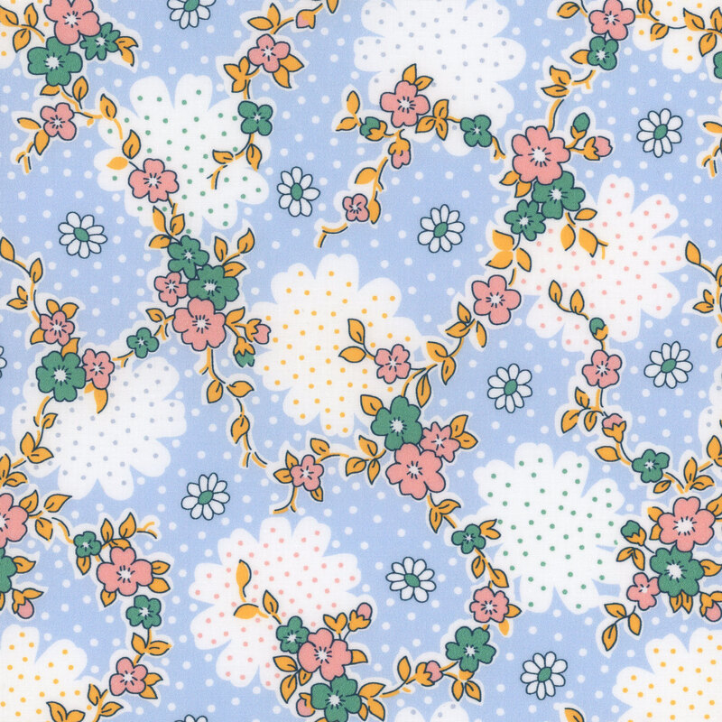 Light blue fabric with large white floral outlines and vines with pink and green florals throughout