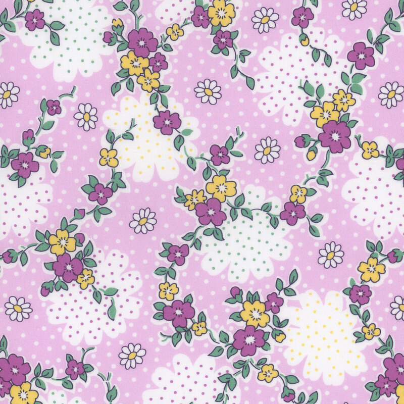 Purple fabric with large white floral outlines and purple flowers with leafy vines throughout