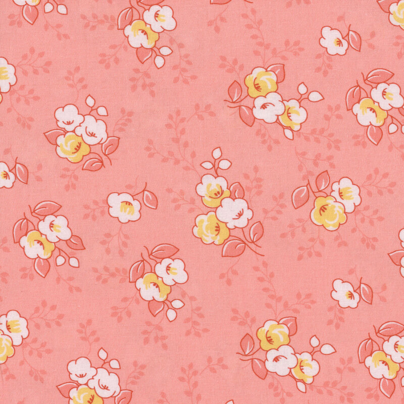 Pink fabric with white and yellow tossed flowers and dark pink leaves and vines in the background