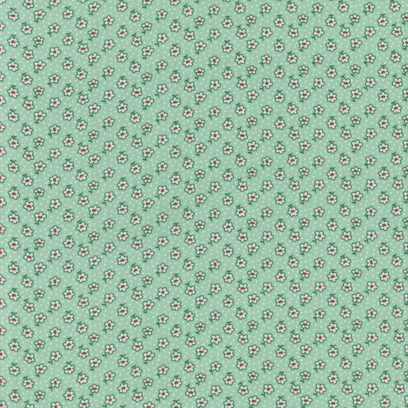 Aqua green fabric with small, white, ditsy flowers and tiny white dots throughout