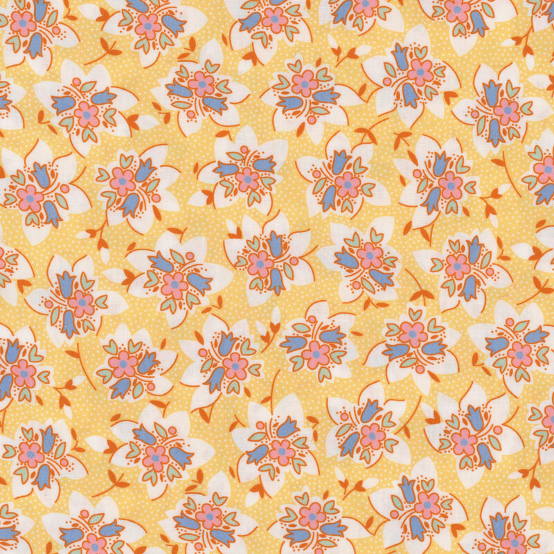 Bright yellow fabric with clusters of colorful flowers and tiny white dots throughout