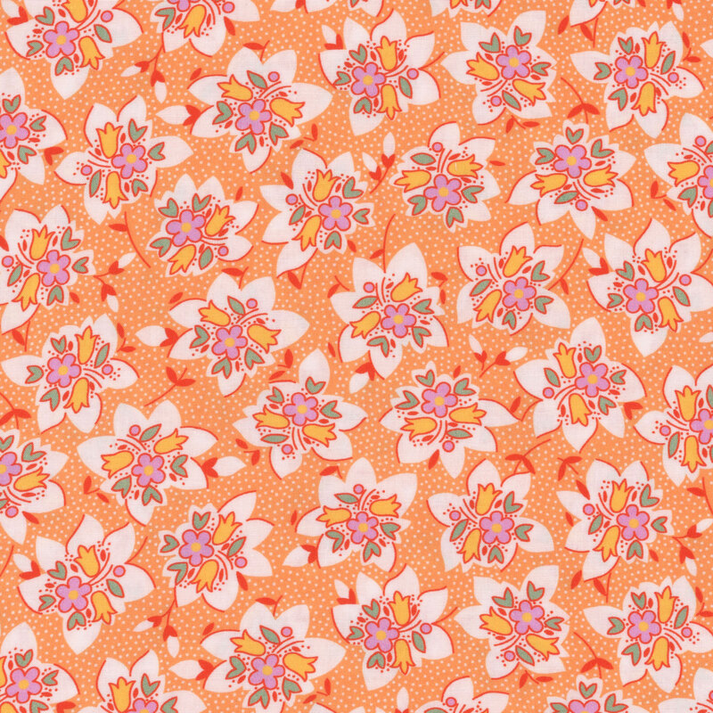 Orange fabric with clusters of colorful flowers and tiny white dots throughout