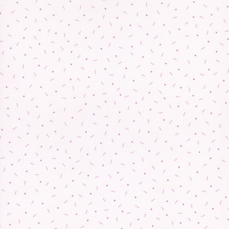 White fabric with small purple ditsy shapes and polka dots throughout