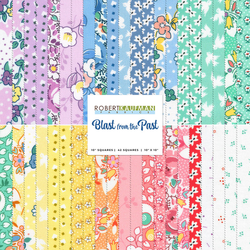 A stacked collage of red, pink, yellow, green, blue, and purple floral fabrics