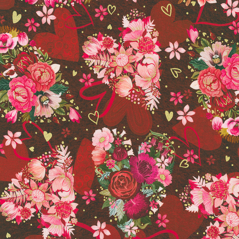 Dark red fabric with large hearts featuring scenes of packed florals