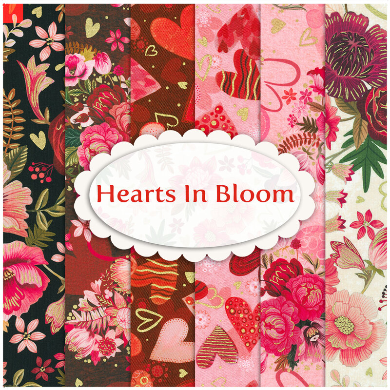 A striped collage of black, red, pink, and cream Valentine's Day themed fabrics with an oval 