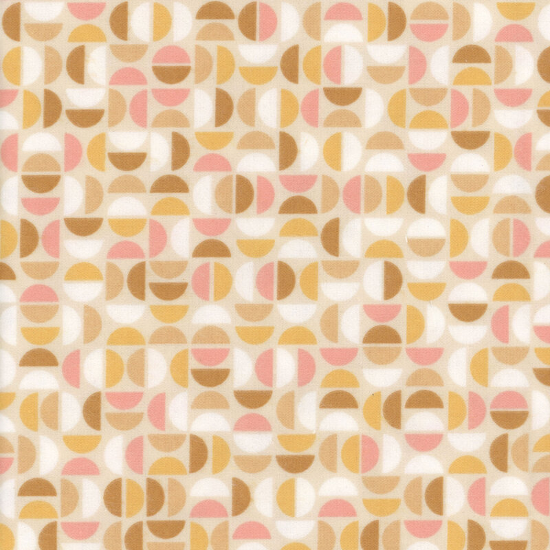 Cream fabric featuring a geometric design of half circles in white, peach, and shades of orange