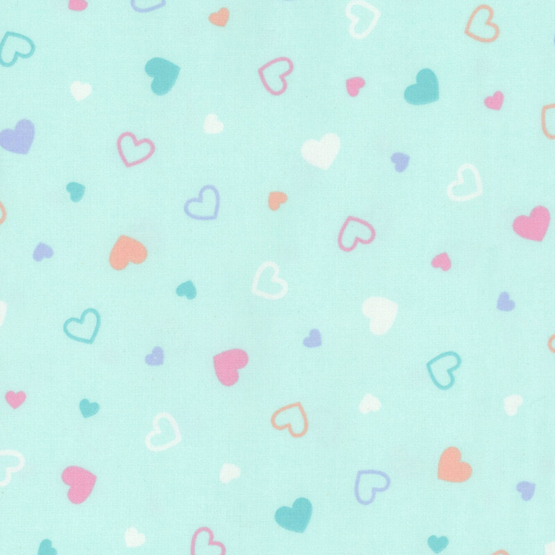 Aqua fabric tossed with colored hearts